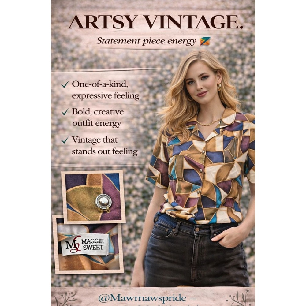 Vintageβ Maggie Sweet Blouse Abstract Print Made USA Retro Artsy Top Size M L